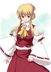  ascot bare_shoulders blonde_hair collared_shirt cosplay detached_sleeves frilled_shirt_collar frills gap hair_up hakurei_reimu hakurei_reimu_(cosplay) haniwa_(leaf_garden) looking_at_viewer no_headwear red_eyes red_ribbon red_skirt red_vest ribbon ribbon-trimmed_sleeves ribbon_trim shirt skirt sleeveless sleeveless_shirt smile solo touhou vest white_shirt white_sleeves wide_sleeves yakumo_yukari yellow_neckwear 