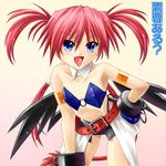  agito_(nanoha) armlet ayato belt blue_eyes blush choker covered_nipples fang flat_chest hand_on_hip leaning_forward long_hair lyrical_nanoha magical_girl mahou_shoujo_lyrical_nanoha_strikers midriff quad_tails red_hair solo translated wings 