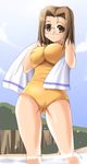  adjusting_hair beach blush breast_press breasts brown_hair cameltoe casual_one-piece_swimsuit cliff cloud covered_nipples curvy day glasses impossible_clothes impossible_swimsuit kamichu! large_breasts looking_at_viewer one-piece_swimsuit orange_eyes outdoors shijou_mitsue short_hair sky smile solo splashing standing swimsuit thighs tonpuu towel towel_around_neck wading water wide_hips 