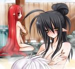  bath black_hair kooriyama_ichirou long_hair multiple_girls nude onsen original pointy_ears red_eyes red_hair very_long_hair white_hair yellow_eyes 