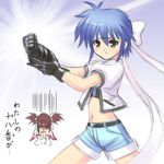  belt blue_eyes blue_hair blush bow brown_hair denim denim_shorts gloves hair_ribbon headband hoshizora_kirara lowres lyrical_nanoha magical_battle_arena mahou_shoujo_kirara_to_sarara mahou_shoujo_lyrical_nanoha_strikers midriff multiple_girls navel orz pandadanpa revolver_knuckle ribbon short_hair shorts subaru_nakajima translation_request twintails 