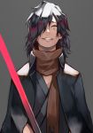  1boy 55level black_hair black_jacket brown_scarf commentary_request evil_grin evil_smile fate/grand_order fate_(series) grey_background grin hair_over_one_eye highres holding holding_weapon jacket japanese_clothes katana long_hair looking_at_viewer male_focus okada_izou_(fate) open_eyes open_mouth orange_eyes scarf simple_background smile solo sword teeth upper_body weapon 