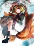  blonde_hair dress fox_tail hat long_sleeves multiple_tails nokishita pillow_hat ribbon shadow shoes short_hair smile solo surcoat tabard tail touhou yakumo_ran yellow_eyes 