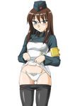  blue_eyes blush brown_hair garrison_cap glasses hat kinon long_hair panties pantyhose pantyhose_pull shirt_lift solo tengen_toppa_gurren_lagann underwear uniform wan'yan_aguda white_panties 