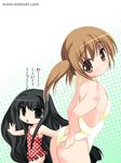  adjusting_clothes adjusting_swimsuit ass black_eyes black_hair breasts brown_eyes brown_hair butt_crack casual_one-piece_swimsuit cleavage eighth_note frilled_swimsuit frills long_hair looking_back multiple_girls musical_note one-piece_swimsuit outstretched_arms short_hair side_ponytail small_breasts spread_arms suou_kuyou suzumiya_haruhi_no_yuuutsu swimsuit tachibana_kyouko triangle_mouth twintails very_long_hair watsuki_ayamo 