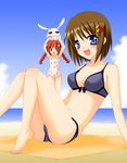  animal_print barefoot bikini bunny_print day feet lyrical_nanoha mahou_shoujo_lyrical_nanoha_strikers multiple_girls one-piece_swimsuit saki_chisuzu swimsuit vita yagami_hayate 