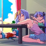  armpits barefoot blue_eyes blue_hair bow breasts camisole closed_eyes cloud day frown hair_bow hair_ribbon hiiragi_kagami hiiragi_tsukasa hot izumi_konata long_hair lucky_star lying medium_breasts midriff multiple_girls navel on_back purple_hair ribbon short_hair sideboob sitting sky sleeping small_breasts sweat table toes tsurime twintails urase_shioji wariza yellow_bow 