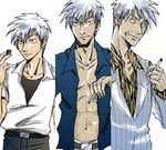  age_progression akagi akagi_shigeru artist_request belt buckle cigarette collarbone expressionless holding looking_at_viewer male_focus midriff multiple_persona navel simple_background spiked_hair stomach white_background wrinkles 