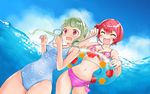  assisted_exposure beach bikini bikini_pull blue_sky blush casual_one-piece_swimsuit day floral_print garex green_hair innertube multiple_girls navel one-piece_swimsuit original partially_submerged print_swimsuit pulled_by_another red_hair sky swimsuit undressing 