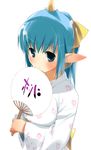  blue_hair blue_oni blush demon_girl fan hima horn japanese_clothes kimono momotarou_densetsu oni paper_fan pointy_ears solo uchiwa yasha yukata 