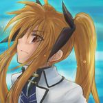  &gt;:( blonde_hair brown_hair closed_mouth collar dress expressionless fate_testarossa frown kajikawa_yahiro long_hair lyrical_nanoha mahou_shoujo_lyrical_nanoha_strikers profile red_eyes solo tears twintails upper_body v-shaped_eyebrows white_dress 