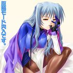  ayato gloves lyrical_nanoha mahou_shoujo_lyrical_nanoha_strikers mouth_hold numbers_(nanoha) pantyhose silver_hair solo uno_(nanoha) yellow_eyes 