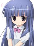  aikei blue_hair bow closed_mouth expressionless furude_rika higurashi_no_naku_koro_ni long_hair looking_at_viewer neck_ribbon pink_bow purple_eyes ribbon school_uniform shirt short_sleeves simple_background solo suspenders upper_body v_arms very_long_hair 