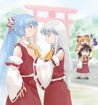  4girls =_= alternate_hairstyle brown_hair carrying cosplay drunk fujiwara_no_mokou gourd hakurei_reimu hakurei_reimu_(cosplay) haniwa_(leaf_garden) ibuki_suika kamishirasawa_keine long_hair low-tied_long_hair multiple_girls no_hat no_headwear ponytail profile shoulder_carry torii touhou 