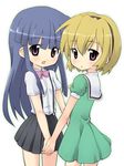  aikei blonde_hair blue_hair bow furude_rika green_skirt hairband higurashi_no_naku_koro_ni hime_cut holding_hands houjou_satoko interlocked_fingers long_hair looking_at_viewer looking_back multiple_girls pink_bow pleated_skirt puffy_sleeves red_eyes sailor_collar school_uniform shirt short_hair short_sleeves skirt suspenders very_long_hair 