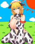 1girl animal_ears animal_print ascot bangs between_legs bikini blonde_hair blue_sky breasts cleavage closed_mouth cloud commentary_request cow_ears cow_girl cow_horns cow_print detached_collar detached_sleeves etan14 eyebrows_visible_through_hair grass green_eyes hair_between_eyes hand_between_legs highres horns huge_breasts long_hair looking_at_viewer maid_(etan14) navel original pointy_ears print_ascot print_bikini print_legwear print_sleeves sky smile solo spread_legs sun swimsuit thighhighs wide_sleeves 