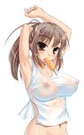  armpits blush breasts brown_eyes brown_hair copyright_request covered_nipples food kure_masahiro large_breasts nipples no_bra popsicle see-through sexually_suggestive solo tongue 