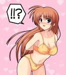  1girl arms_behind_back blue_eyes blush bow bow_panties bra breasts brown_hair cleavage heart johnny_(from_scratch) lace lace-trimmed_panties leaning_forward lingerie long_hair lyrical_nanoha mahou_shoujo_lyrical_nanoha_strikers medium_breasts open_mouth panties purple_eyes solo surprised sweat takamachi_nanoha underwear underwear_only very_long_hair yellow_panties 