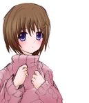  blue_eyes blush brown_hair hair_ornament hairclip lyrical_nanoha mahou_shoujo_lyrical_nanoha_strikers ruku_(alicecreation) short_hair solo sweater turtleneck x_hair_ornament yagami_hayate 