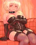  blonde_hair bondage_outfit breasts collar couch elbow_gloves garter_straps gloves large_breasts lowres muchimuchi-san original plump red red_eyes shigatake short_hair sitting solo sweat thighhighs 