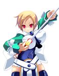  blonde_hair blue_leotard disgaea green_shirt leotard magic_knight_(disgaea) makai_senki_disgaea_2 parody pointy_ears red_eyes shigurui shiki_(psychedelic_g2) shirt short_hair solo sword thighhighs weapon zettai_ryouiki 