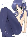  aikei blue_hair blush body_blush breasts copyright_request green_eyes hair_censor hair_over_breasts knees_up long_hair looking_at_viewer mermaid monster_girl nude simple_background sitting small_breasts solo split_tail twintails 