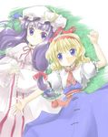  alice_margatroid bangs belt blonde_hair blue_dress blue_eyes blunt_bangs capelet crescent dress frills from_above long_hair looking_at_viewer lying multiple_girls on_back patchouli_knowledge puffy_short_sleeves puffy_sleeves purple_eyes purple_hair short_sleeves touhou very_long_hair yuugiri 