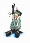  artist_request detached_sleeves green_hair hatsune_miku long_hair necktie one_eye_closed solo thighhighs vocaloid yawning zettai_ryouiki 