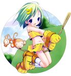  :3 art_of_pop banana banana_hair_ornament blush character_request child flat_chest food food_themed_hair_ornament fruit green_hair hair_ornament highres midriff monkey navel paw_shoes pop shoes solo 