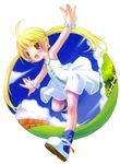  :d blonde_hair blue_legwear blush body_blush copyright_request dress highres long_hair open_mouth outstretched_arms pop shoes smile solo spread_arms twintails white_dress white_footwear 