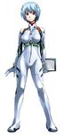 ayanami_rei bangs blue_hair bodysuit bracer breasts clipboard closed_mouth collarbone d=code expressionless full_body gloves hair_ornament holding impossible_clothes large_breasts legs_apart looking_at_viewer neon_genesis_evangelion number paper pilot_suit plugsuit red_eyes short_hair simple_background solo standing turtleneck white_background white_bodysuit 