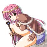  artist_request blue_skirt breasts brown_gloves capelet dutch_angle from_side fur gloves head_tilt high_wizard holding large_breasts long_hair long_sleeves looking_at_viewer miniskirt pink_hair ragnarok_online sitting skirt solo 