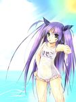  boshinote day little_busters! name_tag one-piece_swimsuit outdoors purple_hair sasasegawa_sasami school_swimsuit sky solo swimsuit white_school_swimsuit white_swimsuit 