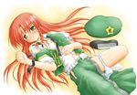  blush braid green_eyes hat hat_removed headwear_removed hong_meiling kotowari_(newtype_kenkyuujo) long_hair lying on_back panties panties_around_one_leg red_hair solo touhou twin_braids underwear 