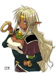  :3 aisha_clanclan alternate_hairstyle aqua_eyes bell bell_collar blonde_hair bracelet breasts circlet cleavage collar dark_skin facial_mark hand_on_hip itou_yuuji jewelry jingle_bell large_breasts long_hair older outlaw_star pointy_ears solo wavy_hair 
