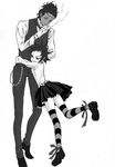  1girl artist_request cigarette collared_shirt d.gray-man dress_shirt full_body greyscale height_difference hug loafers long_sleeves monochrome pants road_kamelot shirt shoes simple_background skirt smoke smoking standing striped striped_legwear thighhighs tyki_mikk vest white_background zettai_ryouiki 