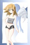  angel angel_wings bad_anatomy brown_eyes brown_hair copyright_request halo open_clothes open_shorts shorts solo strapless tubetop utamaro wings 