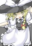  :d apron bangs black_hat black_neckwear black_ribbon black_skirt black_vest blonde_hair bow braid fang frilled_apron frilled_sleeves frills hair_bow hand_on_headwear hat hat_bow hat_ribbon kirisame_marisa long_hair looking_at_viewer neck_ribbon open_mouth outstretched_arm red_bow ribbon shirt short_sleeves simple_background skirt smile solo touhou vest waist_apron white_apron white_background white_bow white_ribbon white_shirt witch_hat yuugiri 
