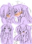  blush hiiragi_kagami hiiragi_tsukasa lucky_star mikami_komata monochrome multiple_girls purple spot_color tears 