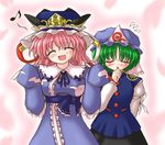  bococho closed_eyes eighth_note flying_sweatdrops green_eyes happy hat headwear_switch multiple_girls musical_note pink_hair saigyouji_yuyuko shiki_eiki spoken_musical_note touhou 