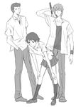  2boys arm_at_side bangs baseball_bat bent_over closed_mouth frown full_body greyscale hand_in_pocket hands_on_own_knees holding kneehighs konno_makoto legs_apart loafers looking_at_viewer mamiya_chiaki miniskirt monochrome multiple_boys open_clothes open_shirt pleated_skirt school_uniform shirt shoes short_hair short_sleeves simple_background sketch skirt smile standing toki_wo_kakeru_shoujo toshibou_(satsukisou) tsuda_kousuke white_background wristband 