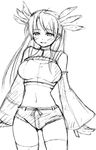  artist_request bare_shoulders crop_top detached_sleeves greyscale happy light_smile long_hair long_sleeves midriff monochrome navel phantasy_star phantasy_star_universe short_shorts shorts simple_background sketch solo standing thighhighs white_background wide_sleeves 