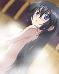  awa bangs bath black_hair blue_eyes blunt_bangs blush breasts censored convenient_censoring from_behind long_hair looking_back lowres medium_breasts nagasarete_airantou night night_sky nude oekaki shinobu_(nagasarete_airantou) sideboob sky solo steam steam_censor very_long_hair wet 