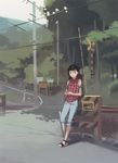  capri_pants copyright_request denim highres jeans leaning low_detail muted_color pants plaid plaid_shirt railroad_crossing railroad_tracks road sandals shirt sign solo takamichi 