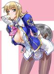  blonde_hair blue_eyes breasts cassandra_alexandra cover doujinshi dripping food gloves hairband large_breasts necktie open_clothes open_shirt pantyhose pink_neckwear popsicle satou_shouji sexually_suggestive shield shirt solo soulcalibur 