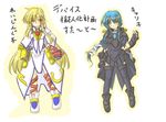  ankle_boots black_dress blonde_hair blue_hair boots dress fingerless_gloves full_body gloves green_eyes long_sleeves looking_at_viewer lyrical_nanoha mach_caliber magical_girl mahou_shoujo_lyrical_nanoha_strikers multiple_girls personification raising_heart short_hair simple_background translation_request white_background white_dress zero_point 