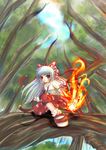  blush bow fire forest fujiwara_no_mokou juuni_chacha large_bow long_hair long_sleeves looking_at_viewer nature pants red_eyes red_footwear red_pants shirt shoes silver_hair solo touhou tree white_legwear white_shirt x20285 