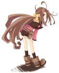  ahoge ankle_boots artist_request ass belt belt_pouch bent_over black_legwear boots brown_eyes brown_footwear brown_hair castille_(phantom_brave) full_body long_hair looking_at_viewer messy_hair phantom_brave pocket pouch simple_background socks solo standing very_long_hair white_background 