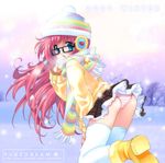  blue_eyes copyright_request emily_(pure_dream) glasses long_hair panties pantyshot pink_hair snow snowing solo thighhighs underwear 