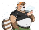  anthro backwards_hat belly belt big_belly blush breath brown_eyes brown_hair chest_tuft clothed clothing coati food fur hair hanaguma hand_in_pocket hat holding_food holding_object hot_dog male mammal midriff navel open_mouth open_smile overweight overweight_male procyonid ringtail smile snow snowing solo tan_fur tongue tuft white_fur 